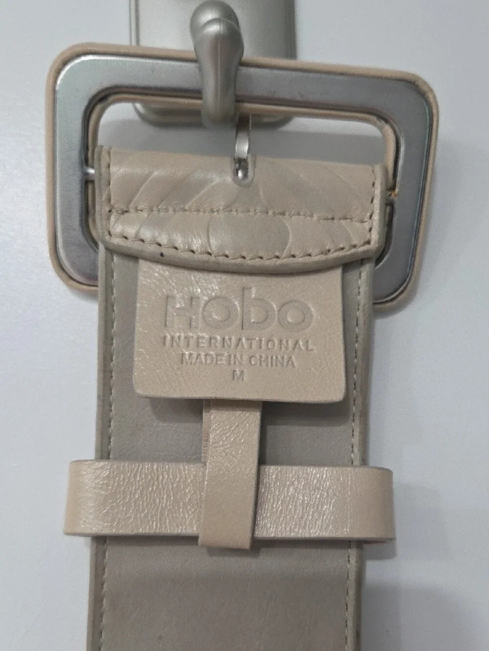 HOBO Neutral Beige Leather Belt with Square Silver Buckle Vintage